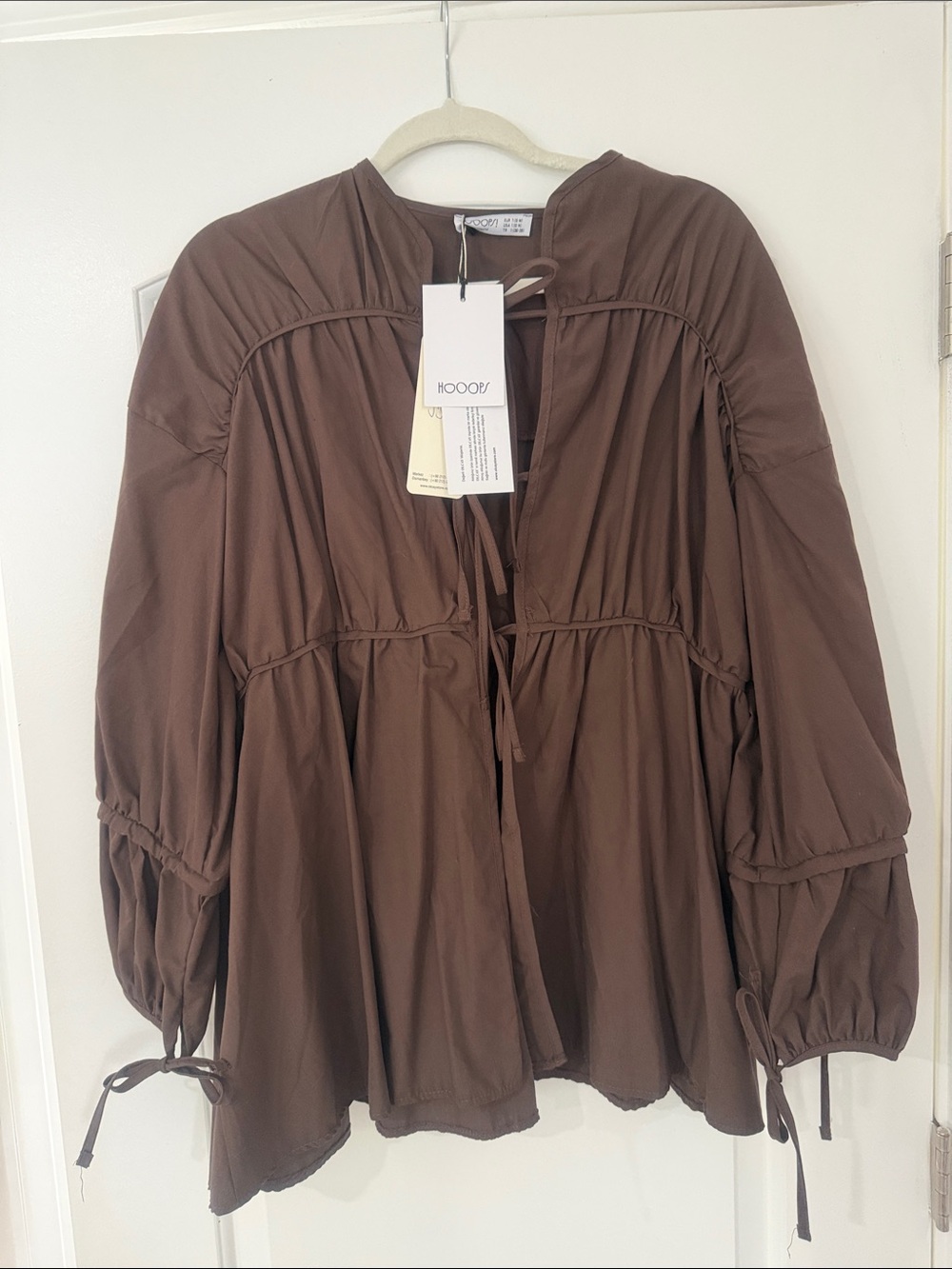 100% Pure Brown Peasant Blouse with Tie Front s/m